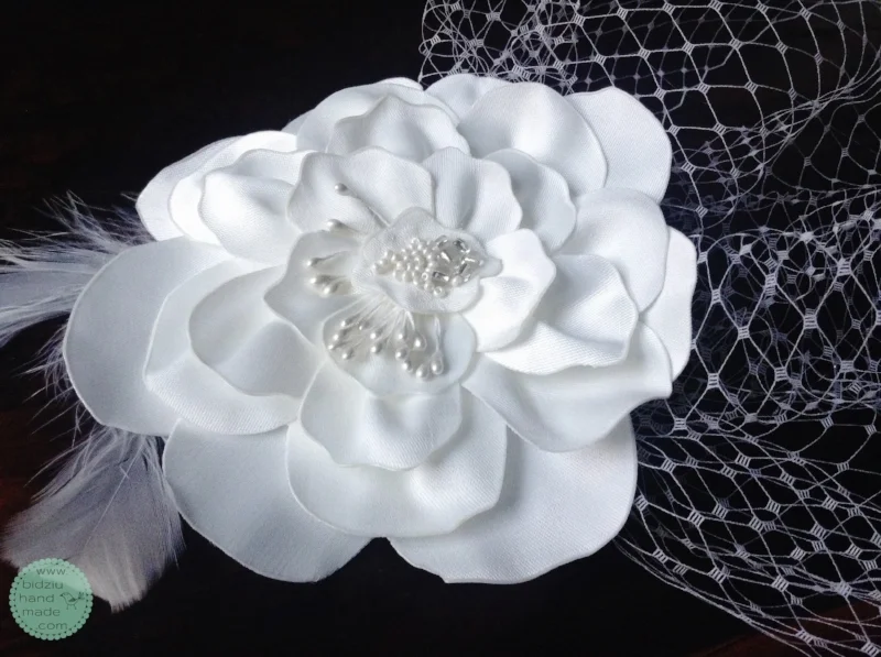 White satin handmade flower, pearl centre, whimsical feathers, birdcage veil, wedding hair piece, custom made, bridal hair piece, wedding hair accessories, bidziu handmade, bidziu hand made