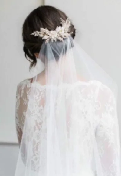 Inspiration photo. Details in the hair piece are difficult to see but it is obvious that this hair piece has two flowers, leaves, and beaded twigs throughout.