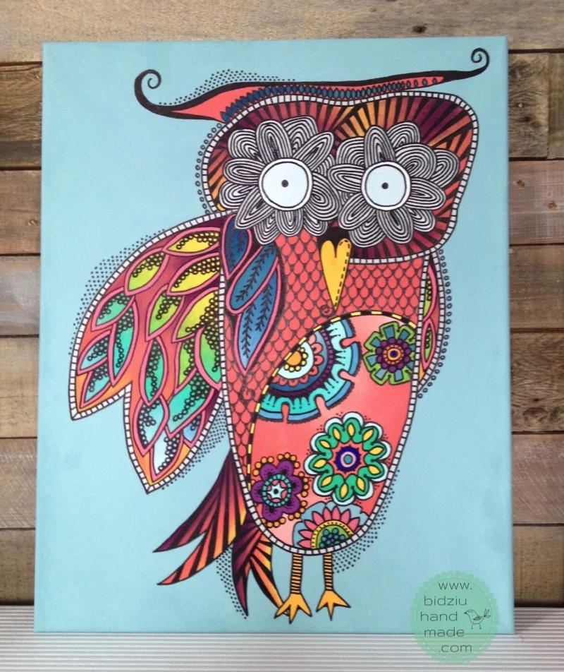 zentangle art, DIY zentangle art, zentangle drawing, colourful art, hand painted owl, DIY colourful art, colourful owl painting, owl painting, zentangle owl painting, handmade room decoration, hand painted room decoration, decoration for little girls room, coral painting, light blue painting, owl painting, DIY owl painting, bidziu handmade, bidziu hand made, unique art ideas