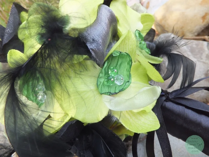 handmade fabric flower bouquet, bridesmaid bouquet, custom made fabric flower bouquet, green and black wedding, green and black flower bouquet, wedding on a budget, thrifty wedding, handmade wedding accessories, custom made wedding accessories, faux flower bouquet, bidziu handmade