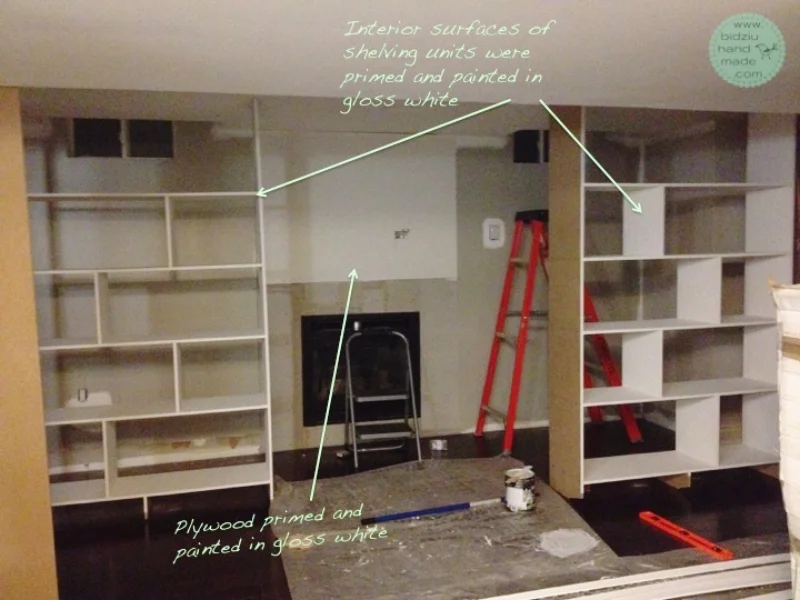 DIY built-in shelving unit, DIY built-ins, DIY built-ins around fireplace, DIY fireplace facelift, DIY basement reno, DIY basement project, DIY fireplace reno, build your own shelving unit, DIY custom made built in shelves, DIY custom built-ins, custom built-ins, DIY crown moulding installation, build your own shelves, fireplace facelift, fireplace renovation, bidziu handmade, bidziu hand made