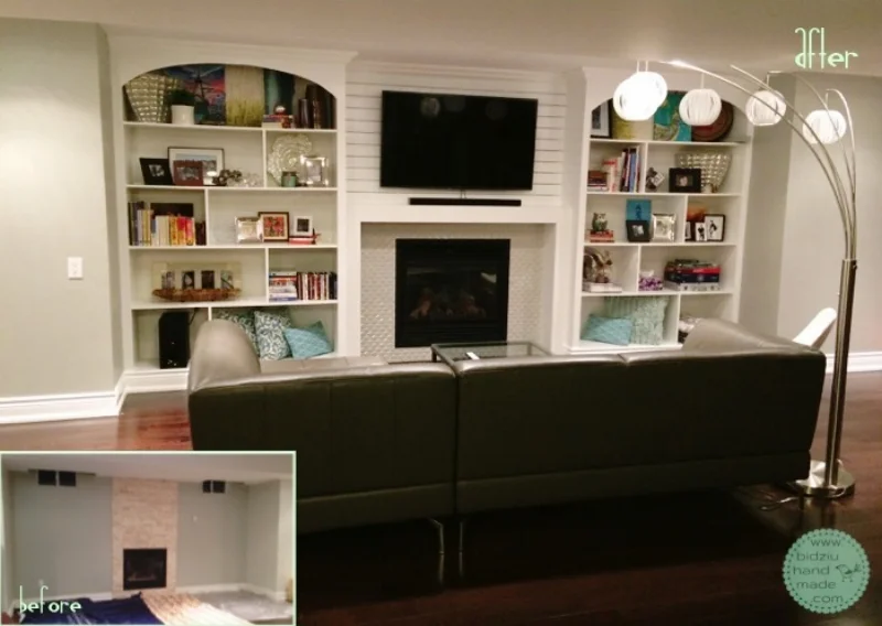 DIY built-in shelving unit, DIY built-ins, DIY built-ins around fireplace, DIY fireplace facelift, DIY basement reno, DIY basement project, DIY fireplace reno, build your own shelving unit, DIY custom made built in shelves, DIY custom built-ins, custom built-ins, DIY crown moulding installation, build your own shelves, fireplace facelift, fireplace renovation, bidziu handmade, bidziu hand made