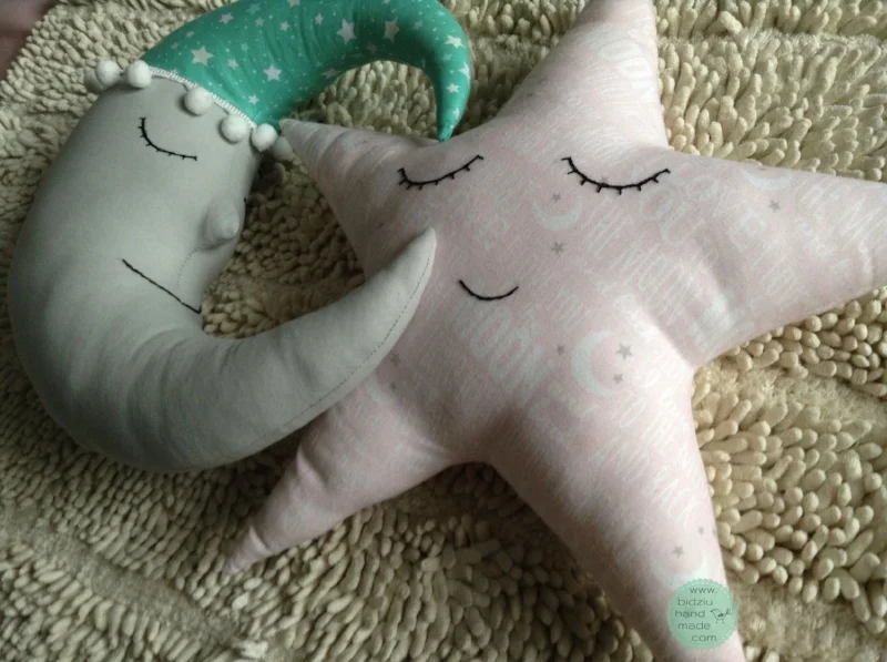 moon and star pillows, mint gray and pink nursery, mint and pink pillows, handmade nursery pillows, modern nursery pillows, modern moon and star pillows, modern nursery decor, trendy nursery decor, moon and star decor, hand embroidered pillows, bidziu handmade, bidziu hand made