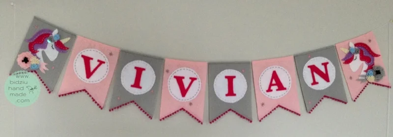 felt name banners, name banners, banners, flag banners, felt flag banners, girl's name banner, boy's name banner, nursery decor, kid's room decor, modern home decor, trendy nursery, trendy kid's room, pink and gray name banner, unicorn name banner, custom name banner, DIY room decor, DIY name banner, handmade name banner, bidziu handmade, bidzuhandmade