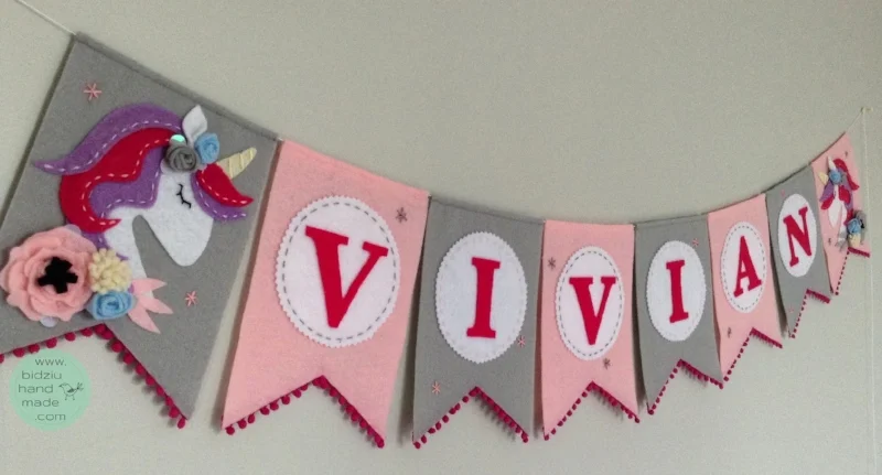 felt name banners, name banners, banners, flag banners, felt flag banners, girl's name banner, boy's name banner, nursery decor, kid's room decor, modern home decor, trendy nursery, trendy kid's room, pink and gray name banner, unicorn name banner, custom name banner, DIY room decor, DIY name banner, handmade name banner, bidziu handmade, bidzuhandmade, baby gift ideas