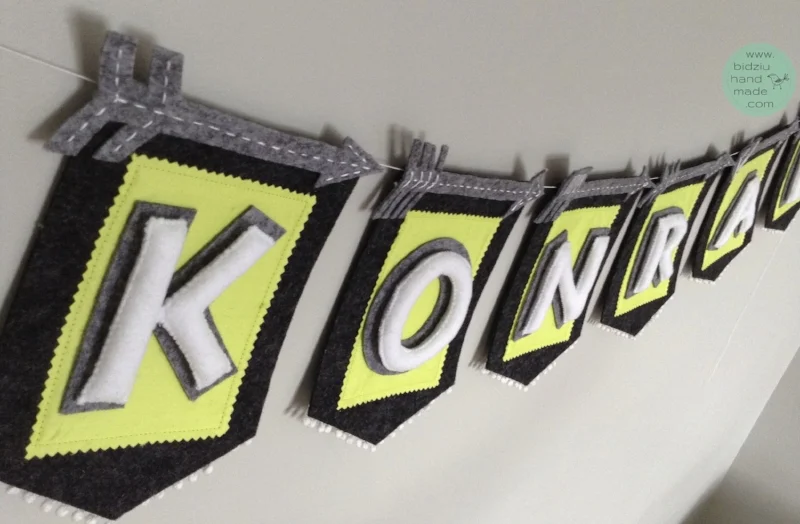 felt name banners, name banners, banners, flag banners, felt flag banners, girl's name banner, boy's name banner, nursery decor, kid's room decor, modern home decor, trendy nursery, trendy kid's room, lime and gray name banner, custom name banner, DIY room decor, DIY name banner, handmade name banner, bidziu handmade, bidzuhandmade, baby gift ideas, tribal room decor