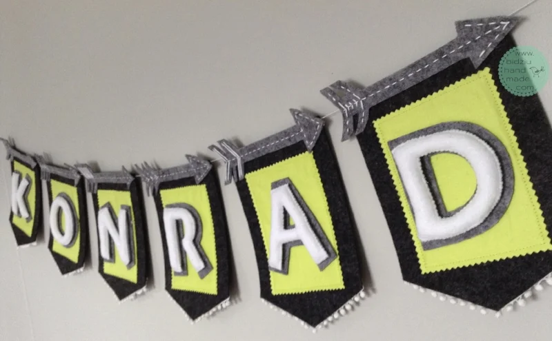 felt name banners, name banners, banners, flag banners, felt flag banners, girl's name banner, boy's name banner, nursery decor, kid's room decor, modern home decor, trendy nursery, trendy kid's room, lime and gray name banner, custom name banner, DIY room decor, DIY name banner, handmade name banner, bidziu handmade, bidzuhandmade, baby gift ideas, tribal room decor