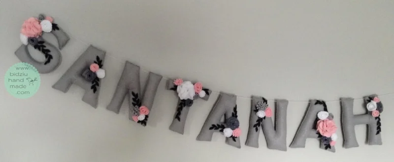 felt name banners, name banners, banners, flag banners, felt flag banners, girl's name banner, boy's name banner, nursery decor, kid's room decor, modern home decor, trendy nursery, trendy kid's room, pink and gray name banner, custom name banner, DIY room decor, DIY name banner, handmade name banner, bidziu handmade, bidzuhandmade, baby gift ideas, floral name banner, white and gray name banner, shabby chic room decor, 