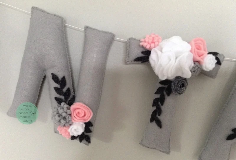 felt name banners, name banners, banners, flag banners, felt flag banners, girl's name banner, boy's name banner, nursery decor, kid's room decor, modern home decor, trendy nursery, trendy kid's room, pink and gray name banner, custom name banner, DIY room decor, DIY name banner, handmade name banner, bidziu handmade, bidzuhandmade, baby gift ideas, floral name banner, white and gray name banner, shabby chic room decor, 