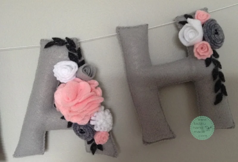felt name banners, name banners, banners, flag banners, felt flag banners, girl's name banner, boy's name banner, nursery decor, kid's room decor, modern home decor, trendy nursery, trendy kid's room, pink and gray name banner, custom name banner, DIY room decor, DIY name banner, handmade name banner, bidziu handmade, bidzuhandmade, baby gift ideas, floral name banner, white and gray name banner, shabby chic room decor, 