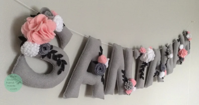 felt name banners, name banners, banners, flag banners, felt flag banners, girl's name banner, boy's name banner, nursery decor, kid's room decor, modern home decor, trendy nursery, trendy kid's room, pink and gray name banner, custom name banner, DIY room decor, DIY name banner, handmade name banner, bidziu handmade, bidzuhandmade, baby gift ideas, floral name banner, white and gray name banner, shabby chic room decor, 