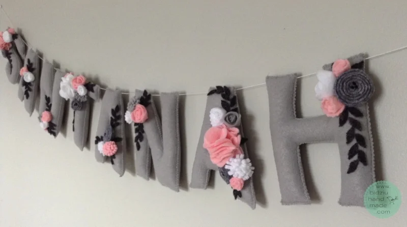 felt name banners, name banners, banners, flag banners, felt flag banners, girl's name banner, boy's name banner, nursery decor, kid's room decor, modern home decor, trendy nursery, trendy kid's room, pink and gray name banner, custom name banner, DIY room decor, DIY name banner, handmade name banner, bidziu handmade, bidzuhandmade, baby gift ideas, floral name banner, white and gray name banner, shabby chic room decor, 
