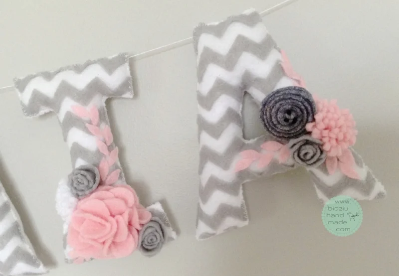 felt name banners, name banners, banners, flag banners, felt flag banners, girl's name banner, boy's name banner, nursery decor, kid's room decor, modern home decor, trendy nursery, trendy kid's room, pink and gray name banner, custom name banner, DIY room decor, DIY name banner, handmade name banner, bidziu handmade, bidzuhandmade, baby gift ideas, floral name banner, white and gray name banner, shabby chic room decor, chevron name banner
