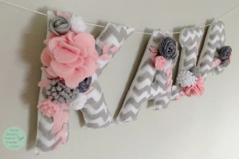 felt name banners, name banners, banners, flag banners, felt flag banners, girl's name banner, boy's name banner, nursery decor, kid's room decor, modern home decor, trendy nursery, trendy kid's room, pink and gray name banner, custom name banner, DIY room decor, DIY name banner, handmade name banner, bidziu handmade, bidzuhandmade, baby gift ideas, floral name banner, white and gray name banner, shabby chic room decor, chevron name banner