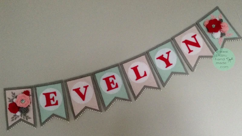 felt name banners, name banners, banners, flag banners, felt flag banners, girl's name banner, boy's name banner, nursery decor, kid's room decor, modern home decor, trendy nursery, trendy kid's room, pink gray mint name banner, custom name banner, DIY room decor, DIY name banner, handmade name banner, bidziu handmade, bidzuhandmade, baby gift ideas, floral name banner, white and gray name banner, shabby chic room decor, pink and mint room decor, mint room decoration, mint room decor