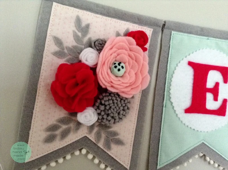 felt name banners, name banners, banners, flag banners, felt flag banners, girl's name banner, boy's name banner, nursery decor, kid's room decor, modern home decor, trendy nursery, trendy kid's room, pink gray mint name banner, custom name banner, DIY room decor, DIY name banner, handmade name banner, bidziu handmade, bidzuhandmade, baby gift ideas, floral name banner, white and gray name banner, shabby chic room decor, pink and mint room decor, mint room decoration, mint room decor