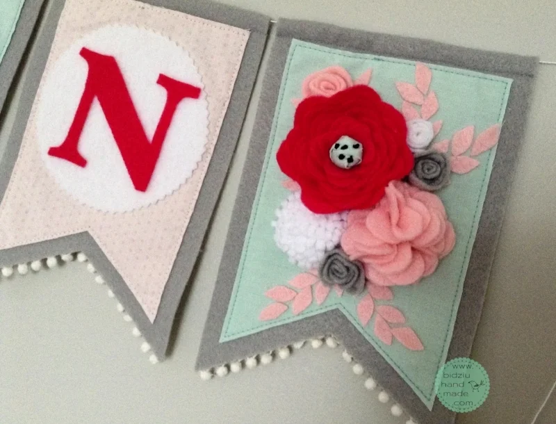 felt name banners, name banners, banners, flag banners, felt flag banners, girl's name banner, boy's name banner, nursery decor, kid's room decor, modern home decor, trendy nursery, trendy kid's room, pink gray mint name banner, custom name banner, DIY room decor, DIY name banner, handmade name banner, bidziu handmade, bidzuhandmade, baby gift ideas, floral name banner, white and gray name banner, shabby chic room decor, pink and mint room decor, mint room decoration, mint room decor