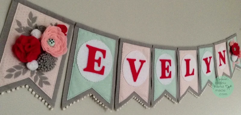 felt name banners, name banners, banners, flag banners, felt flag banners, girl's name banner, boy's name banner, nursery decor, kid's room decor, modern home decor, trendy nursery, trendy kid's room, pink gray mint name banner, custom name banner, DIY room decor, DIY name banner, handmade name banner, bidziu handmade, bidzuhandmade, baby gift ideas, floral name banner, white and gray name banner, shabby chic room decor, pink and mint room decor, mint room decoration, mint room decor