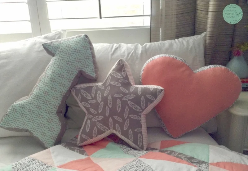 heart star arrow pillows, decorative pillows, decorative throw pillows, nursery decor, modern nursery decor, trendy nursery decor, girls' nursery decor, girls' nursery, toddler room decor, coral mint and gray colour scheme, coral mint and gray room, coral room decor, coral room, mint room decor, mint room, gray room decor, grey room decor, gray room, grey room, unique throw pillows, DIY throw pillows, modern home decor, trendy home decor, bidziu handmade, bidziuhandmade