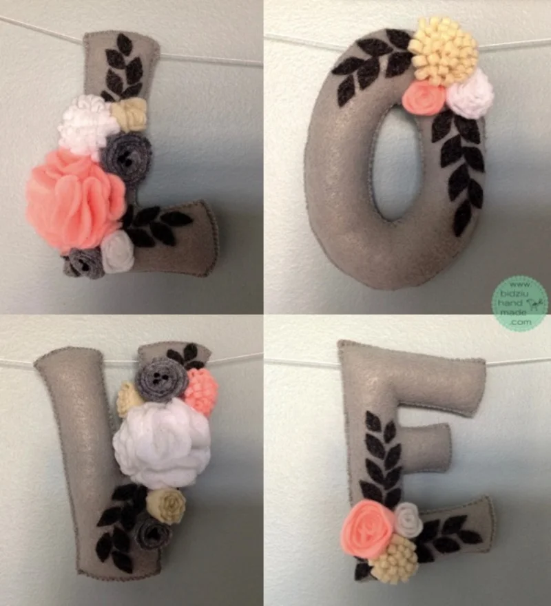 felt letters, felt banner, fabric banner, felt name banner, name banner, word banner, handmade banner, banner with flowers, nursery decor, kids' room decor, kids' accessories, nursery accessories, kids' room accessories, sewing project, felt, felt sewing project, handmade home, handmade home accessories, handmade accessories for kids, handmade accessories for babies, modern nursery, modern nursery decor ideas, modern kid's room decor ideas, bidziu handmade, bidziuhandmade