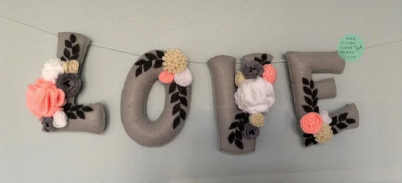 felt letters, felt banner, fabric banner, felt name banner, name banner, word banner, handmade banner, banner with flowers, nursery decor, kids' room decor, kids' accessories, nursery accessories, kids' room accessories, sewing project, felt, felt sewing project, handmade home, handmade home accessories, handmade accessories for kids, handmade accessories for babies, modern nursery, modern nursery decor ideas, modern kid's room decor ideas, bidziu handmade, bidziuhandmade