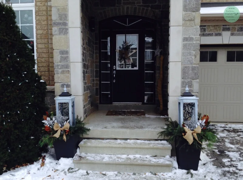 DIY lanterns, DIY wood lanterns, DIY lanterns, solid wood lanterns, wood lanterns, build your own lanterns, decorative lanterns, decorative wood lanterns, front door decoration, front porch decoration, front entrance decoration, front porch Christmas decoration, front urns decoration, Christmas urns, holiday urns, winter planter decoration, winter front door, winter front entrance decoration, wood project, wood working project, winter home decor, holiday home decor, modern winter home decoration, modern rustic Christmas home decor, bidziu handmade, bidziuhandmade