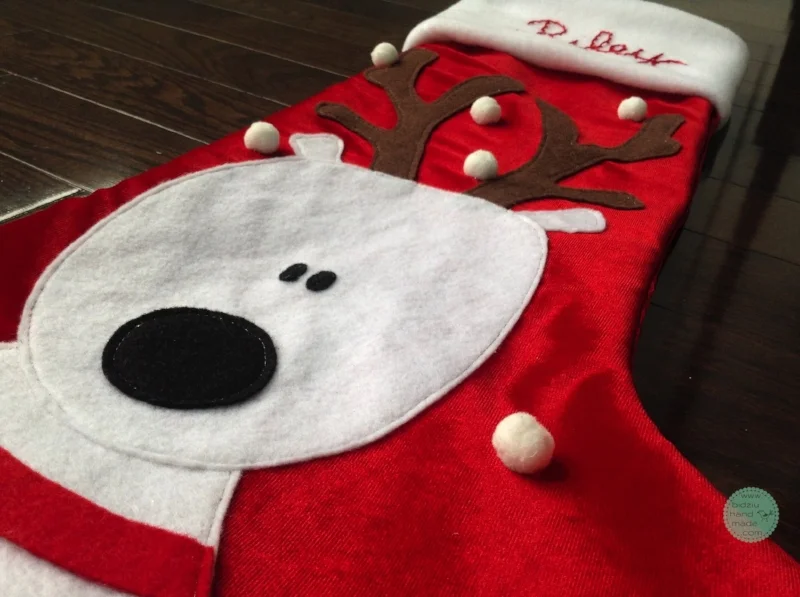 reindeer stocking, reindeer Christmas stocking, Christmas stocking, handmade Christmas stocking, handmade stockings, red and white Christmas stockings, Christmas stockings for kids, custom made stockings, custom made Christmas stockings, felt Christmas stockings, cartoon Christmas stockings, sewing, sewing project, DIY Christmas stockings, bidziu handmade, bidziuhandmade