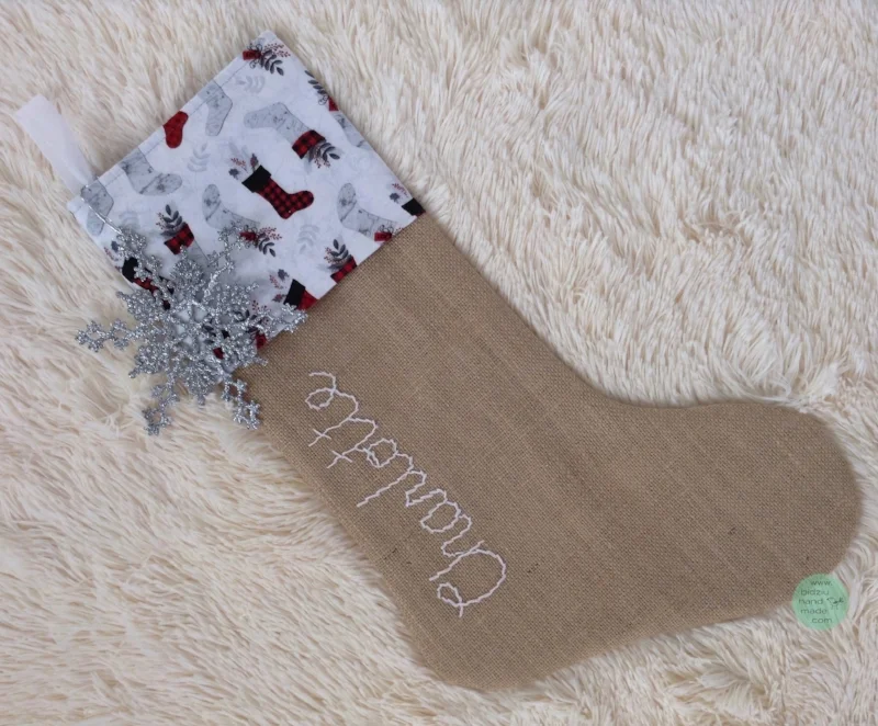 custom made Christmas stockings, handmade Christmas stockings, burlap Christmas stockings, modern Christmas stockings, rustic Christmas stockings, gray, silver, and white Christmas stockings, personalized Christmas stockings, modern Christmas decor, rustic Christmas decor, mantel Christmas decoration, red Christmas stockings, red and silver Christmas stockings, red and silver stockings, bidziu handmade, bidziuhandmade