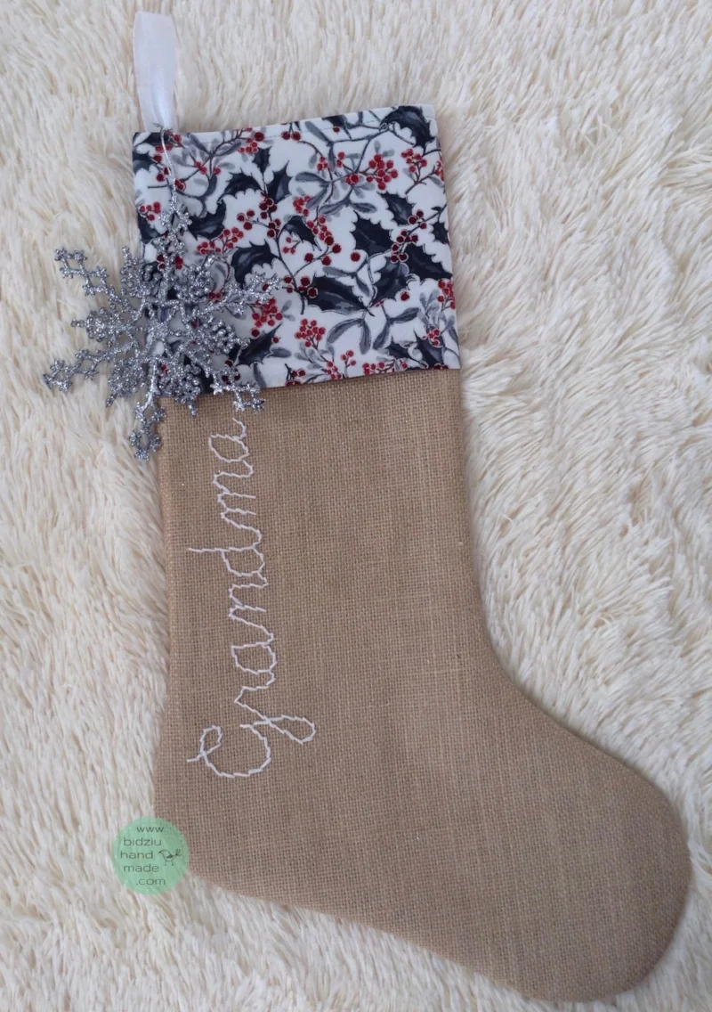 custom made Christmas stockings, handmade Christmas stockings, burlap Christmas stockings, modern Christmas stockings, rustic Christmas stockings, gray, silver, and white Christmas stockings, personalized Christmas stockings, modern Christmas decor, rustic Christmas decor, mantel Christmas decoration, red Christmas stockings, red and silver Christmas stockings, red and silver stockings, bidziu handmade, bidziuhandmade