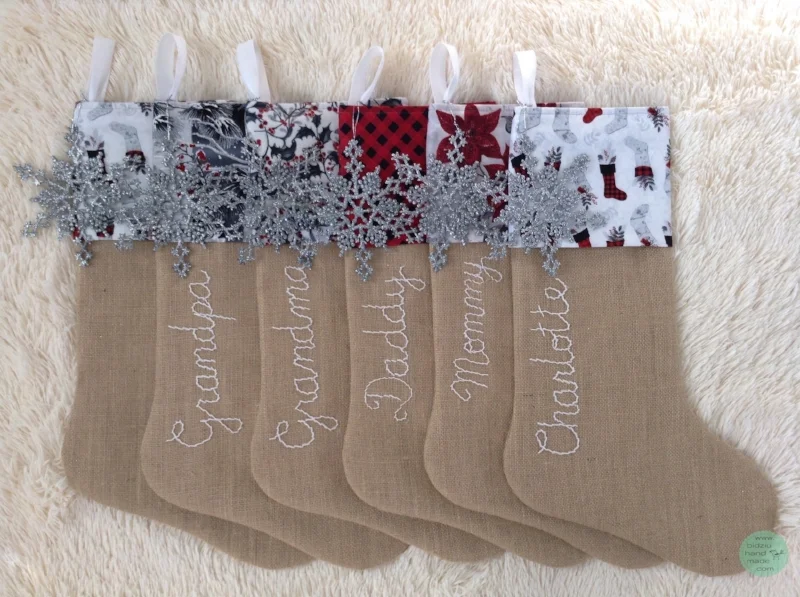 custom made Christmas stockings, handmade Christmas stockings, burlap Christmas stockings, modern Christmas stockings, rustic Christmas stockings, gray, silver, and white Christmas stockings, personalized Christmas stockings, modern Christmas decor, rustic Christmas decor, mantel Christmas decoration, red Christmas stockings, red and silver Christmas stockings, red and silver stockings, bidziu handmade, bidziuhandmade