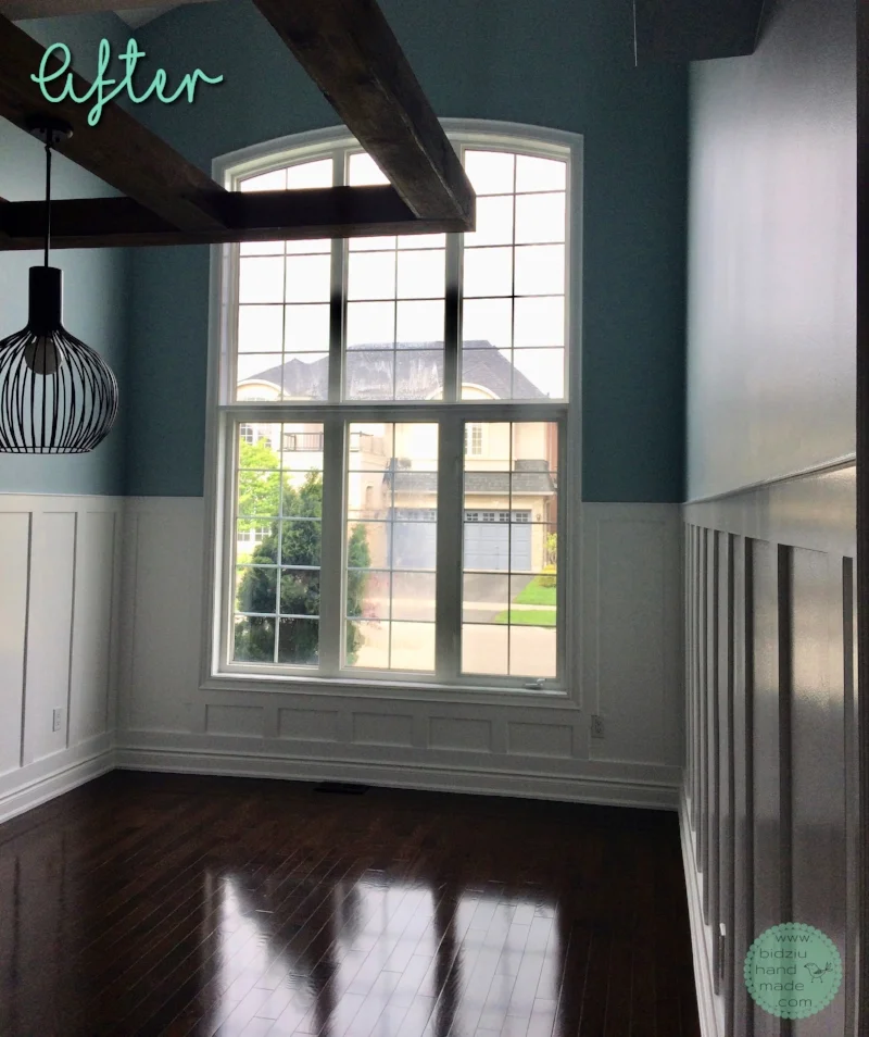 DIY wainscoting, modern wainscoting, modern wall decor, modern home, DIY home, DIY home projects, DIY home renovation projects, DIY projects, home renovation, home renovation project, modernizing your home, DIY modern home decor, modern home decor, handy woman projects, home projects, cool home projects, must-have home projects, wood working projects, dining room wainscoting, wainscoting in dining room, rectangular wainscoting, simple wainscoting, modern dining room, modern dining room decor, dining room decor, white wainscoting, wainscoting ideas, wainscoting in the home, how to wainscoting, wainscoting tutorial, wainscoting DIY tutorial, how to create drama in a room, dramatic dining room, bright and airy dining room, bidziu handmade, bidziuhandmade