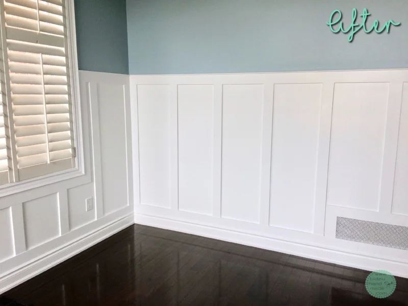 DIY wainscoting, modern wainscoting, modern wall decor, modern home, DIY home, DIY home projects, DIY home renovation projects, DIY projects, home renovation, home renovation project, modernizing your home, DIY modern home decor, modern home decor, handy woman projects, home projects, cool home projects, must-have home projects, wood working projects, dining room wainscoting, wainscoting in dining room, rectangular wainscoting, simple wainscoting, modern dining room, modern dining room decor, dining room decor, white wainscoting, wainscoting ideas, wainscoting in the home, how to wainscoting, wainscoting tutorial, wainscoting DIY tutorial, how to create drama in a room, dramatic dining room, bright and airy dining room, bidziu handmade, bidziuhandmade