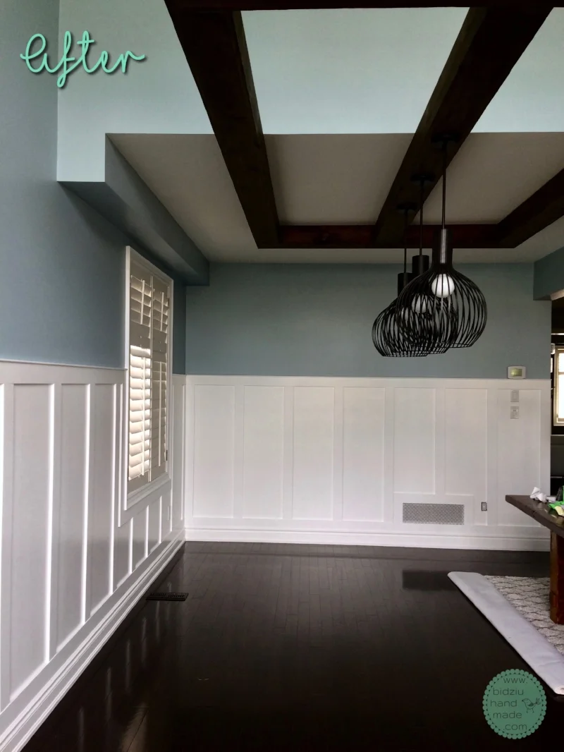 DIY wainscoting, modern wainscoting, modern wall decor, modern home, DIY home, DIY home projects, DIY home renovation projects, DIY projects, home renovation, home renovation project, modernizing your home, DIY modern home decor, modern home decor, handy woman projects, home projects, cool home projects, must-have home projects, wood working projects, dining room wainscoting, wainscoting in dining room, rectangular wainscoting, simple wainscoting, modern dining room, modern dining room decor, dining room decor, white wainscoting, wainscoting ideas, wainscoting in the home, how to wainscoting, wainscoting tutorial, wainscoting DIY tutorial, how to create drama in a room, dramatic dining room, bright and airy dining room, bidziu handmade, bidziuhandmade