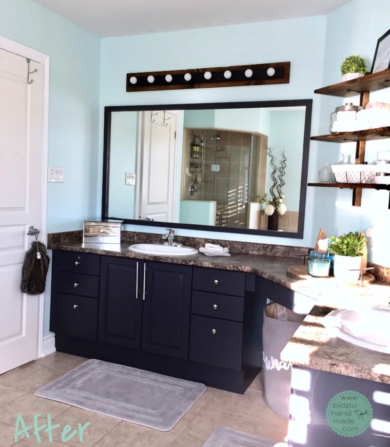 DIY bathroom, bathroom update, how to update outdated bathroom, bathroom renovation, DIY bathroom update, master ensuite update, master ensuite renovation, modernizing a bathroom, bathroom paint colours, turquoise bathroom, turquoise and beige bathroom, turquoise and gray bathroom, turquoise and grey bathroom, beige and turquoise bathroom, grey bathroom, gray bathroom, DIY bathroom update, cheap bathroom update, thrifty bathroom, how to make a bathroom modern, modern bathroom decor, modern bathroom decoration, bathroom decor, modern home, how to update bathroom to sell a house, selling a house, how to prepare a house for sale, how to prepare a home for sale, how to paint bathroom cabinets, how to paint cabinets, how to update a vanity light, vanity light update, vanity light upcycling, upcycled vanity light, modernized bathroom light, bathroom light DIY, vanity light DIY, bathroom before and after, bidziu handmade, bidziuhandmade