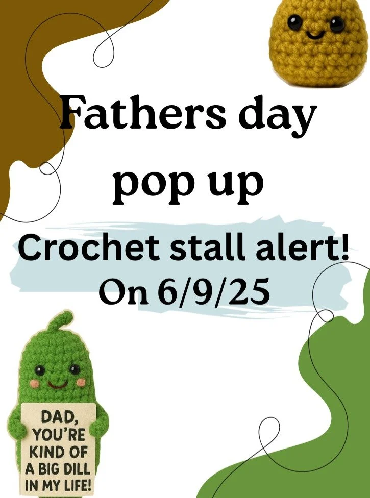 🧶✨ Father&rsquo;s Day Crochet stall alert ✨🧶

Ian&rsquo;s Grandaughter Stevie, @steviescrochetlife, will be setting at Harrisons Menswear this Father&rsquo;s Day 💙

Come find the perfect gift:
🥒 Emotional Support Pickles
🥔 Positive Potatoes
🎧 C