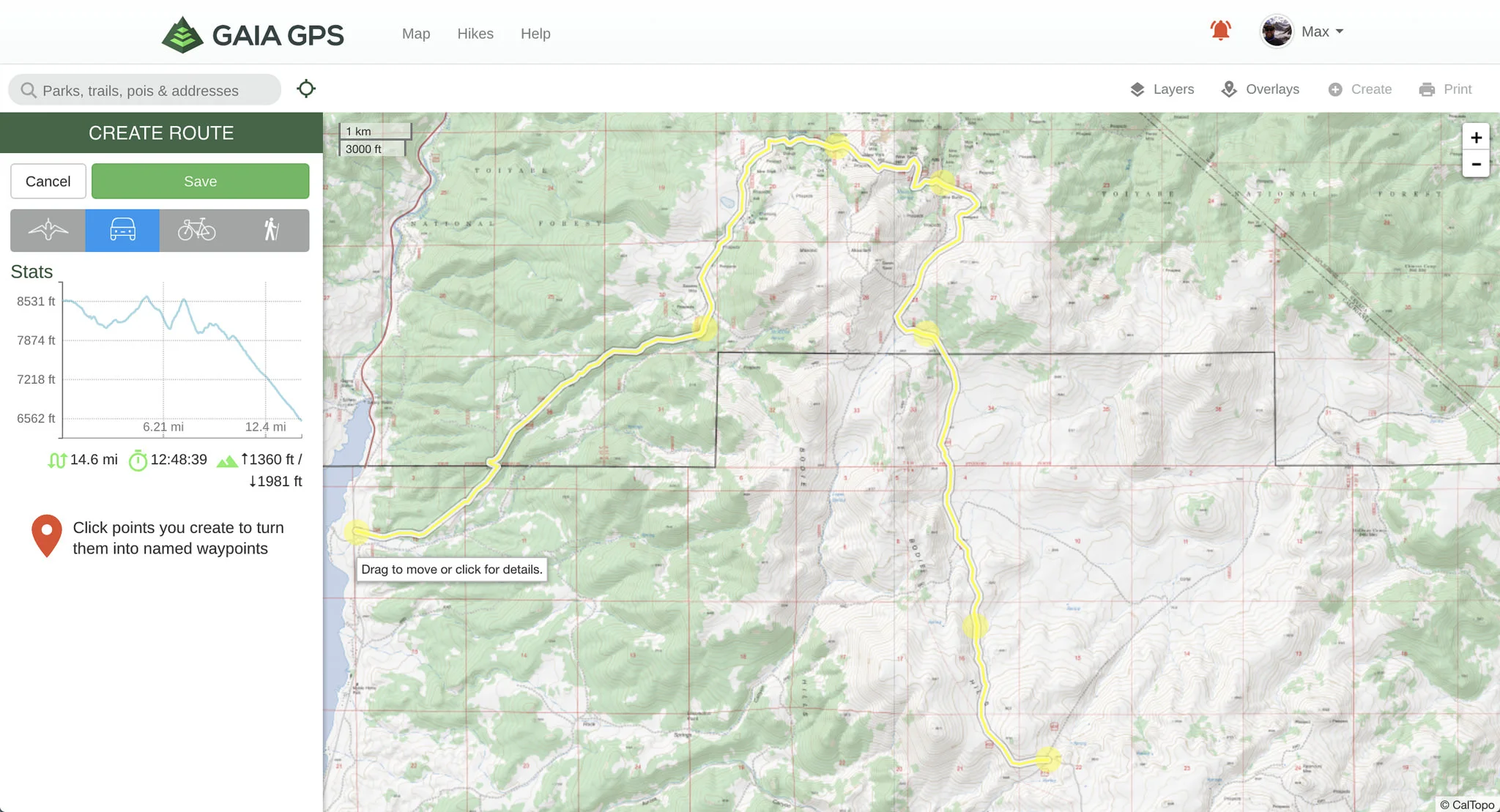 Using the "create a route" tool on the Gaia GPS website