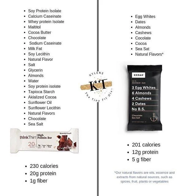 I get asked ALL the time about what to do when you are out and about and need a snack...while Rx bars are not my only suggestion, they are a great tool!!🙋&zwj;♀️
# 
I love this particular comparison for 2 reasons:
# 
1) ✔️✔️&quot;Think Thin&quot; is