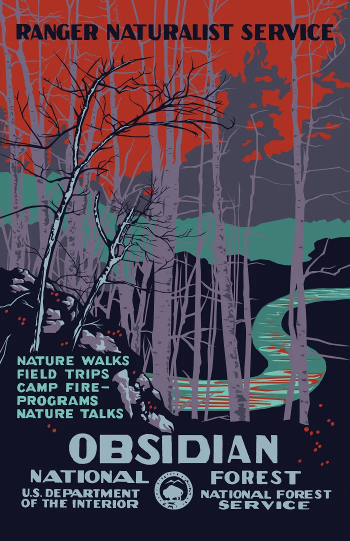 Poster prop created by JoJo Seames for episode eight, “Out of Nothing”. This poster for the fictional titular national forest was made after the style of the WPA's Federal Art Project National Park Service serigraphed posters of the late 1930s.