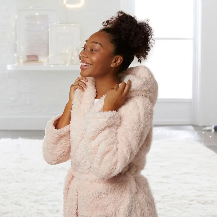  Girl wearing a pink bathrobe   