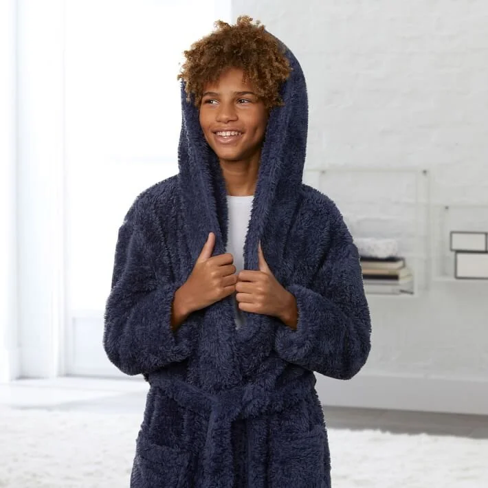  Boy wearing blue bathrobe 