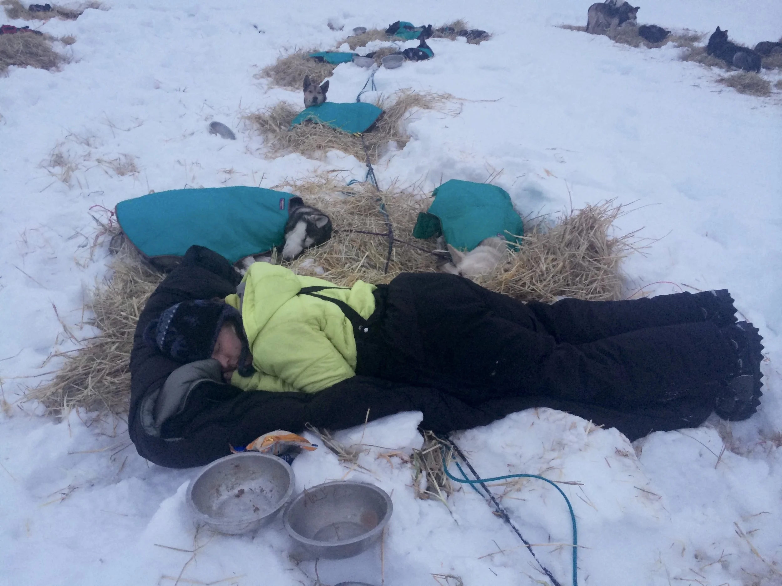 Mary sleeping with her team during the 2015 Copper Basin 300