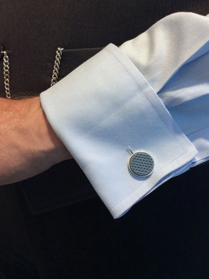 AM-PM-Ceramics-Cufflinks-slate-blue-in-sterling-silver-on-blue-shirt.jpg