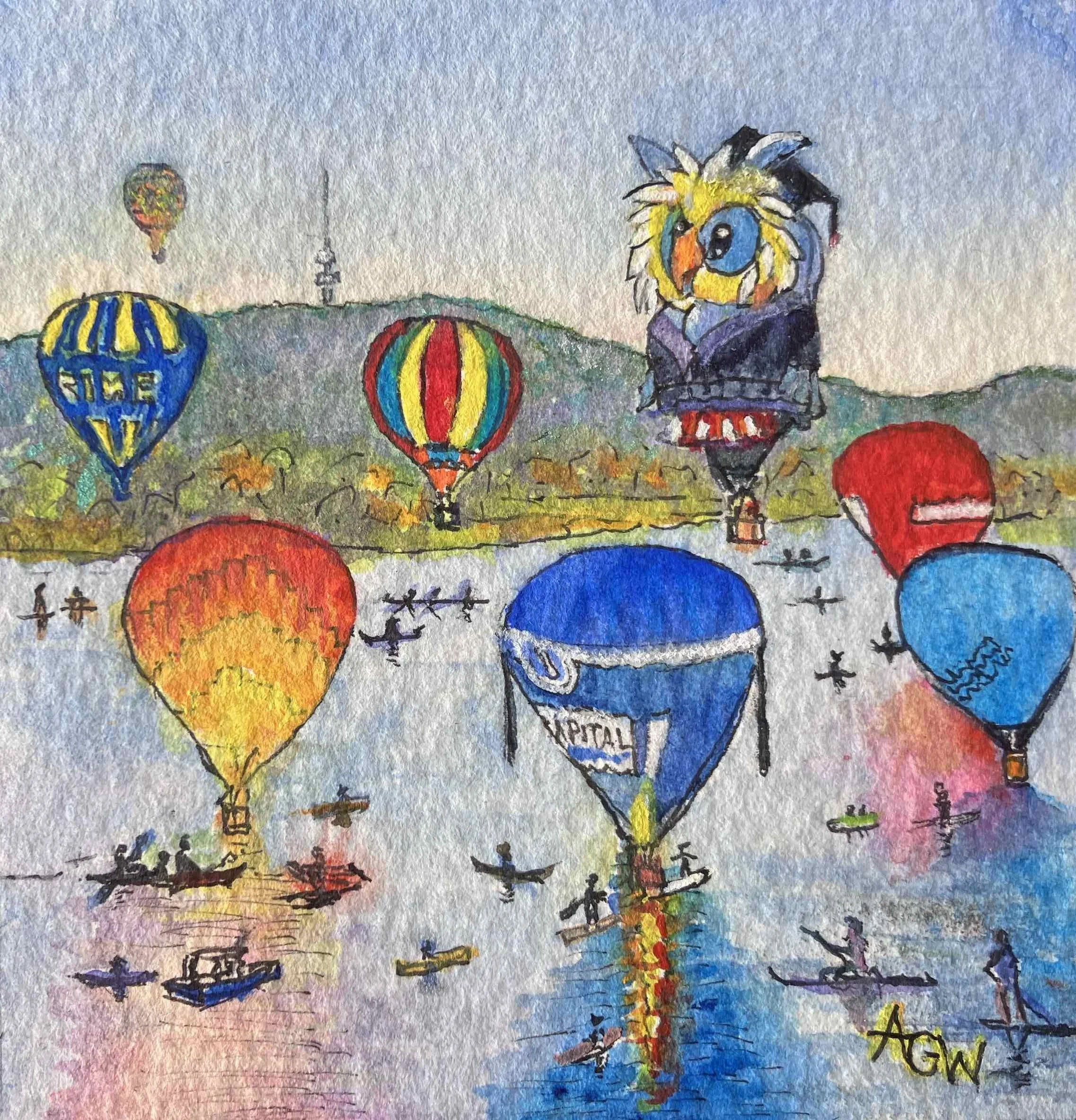 GOST_Arlene Williams_Owlbert Eyenstein Flying High_Watercolour and ink_low res.jpg