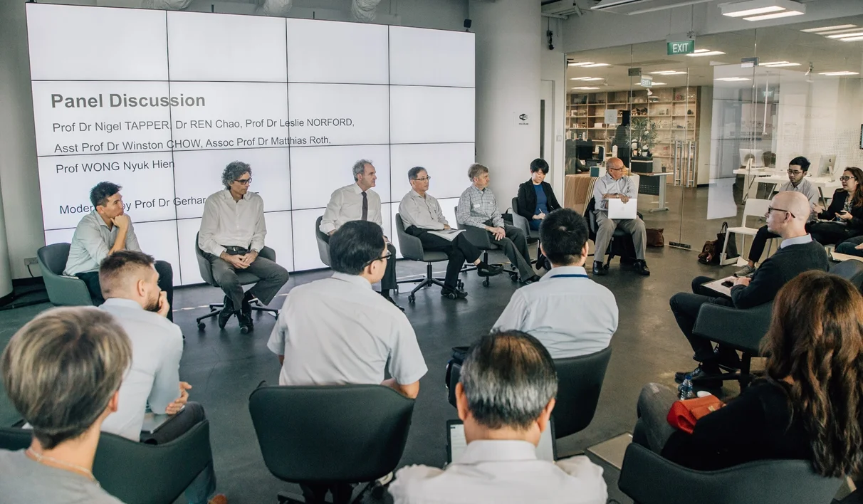 Fig 7. Workshop #3 – Panel Discussion with Prof Winston Chow, Prof Matthias Roth, Prof Gerhard Schmitt, Prof NG Wong, Prof Leslie Norford, Prof Chao Ren and Prof Nigel Tapper / Source: Lina Meisen Photography 2018