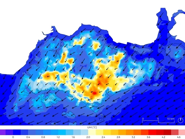 Fig 6. Urban heat effect simulated for Singapore by using WRF on the meso-scale / Source: Omer Mughal