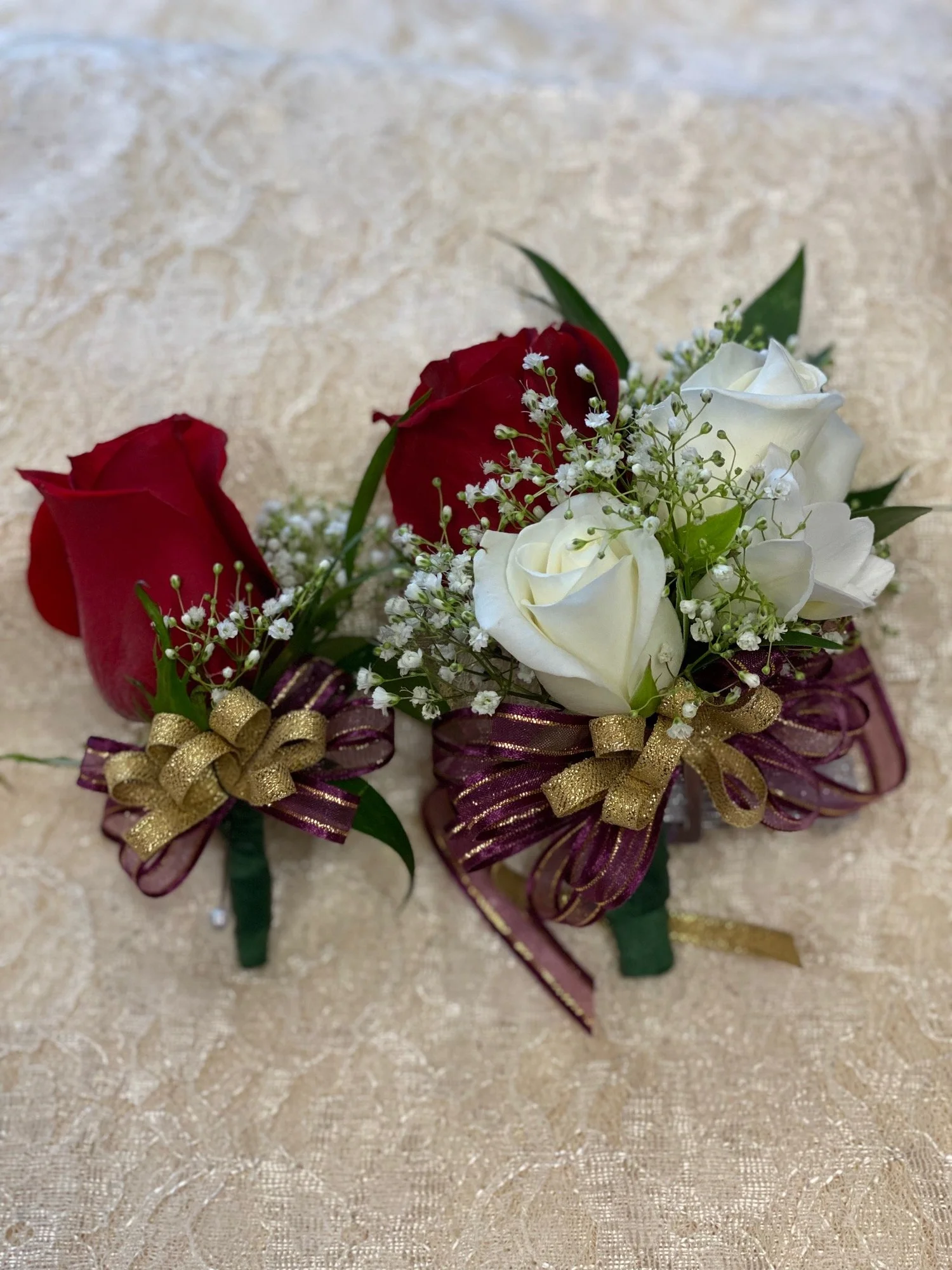Triple Rose Wrist Corsage and Matching Boutonnière Set — S & V  