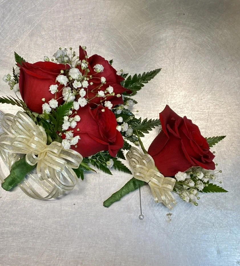 Triple Rose Wrist Corsage and Matching Boutonnière Set — S & V  
