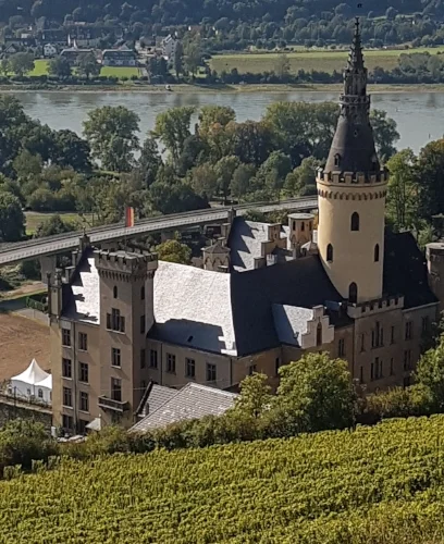 Schloss Arenfels with a modern freeway behind it.