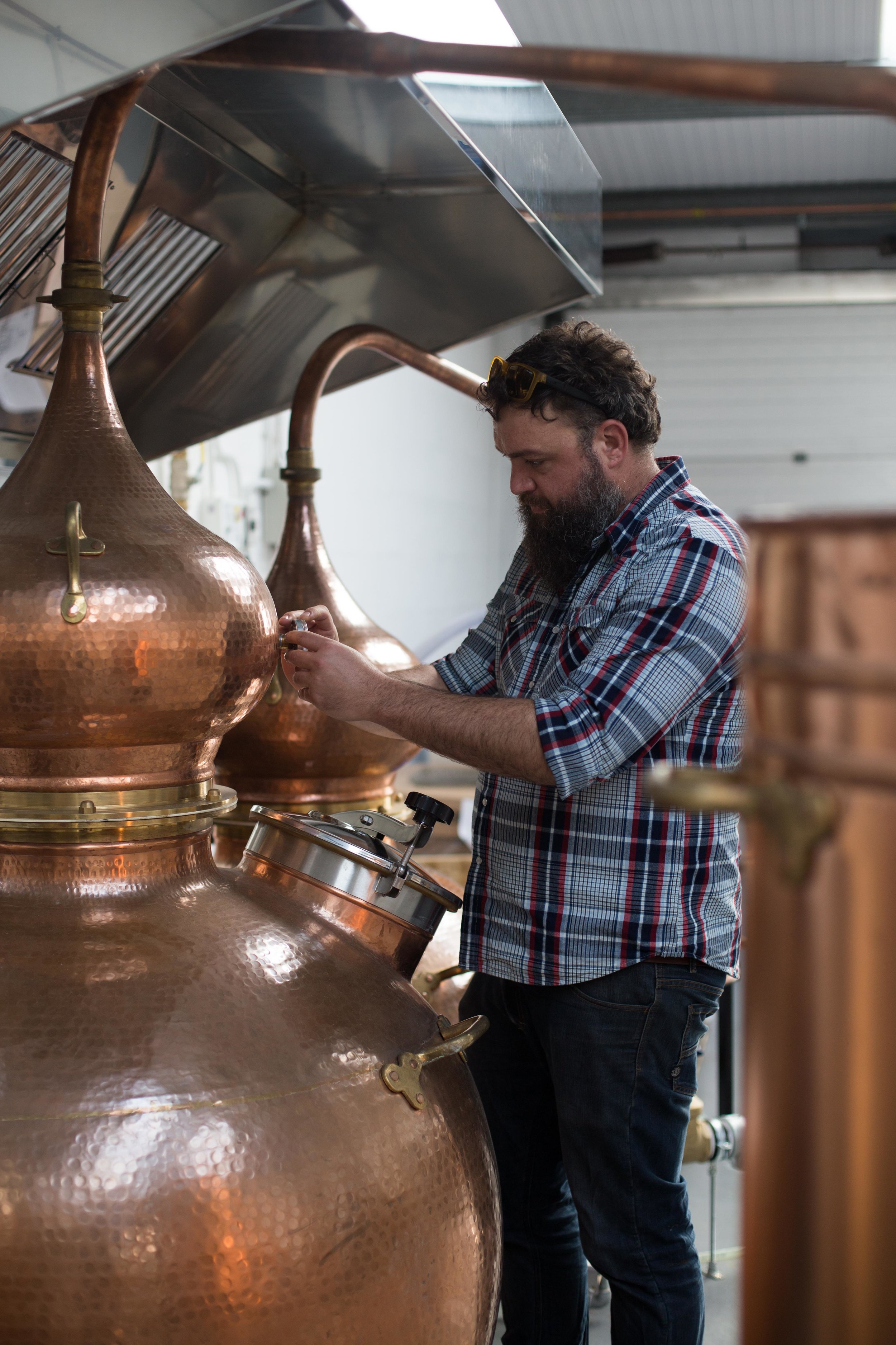  Shaun checks the temperature gauge on one of the copper stills in which the gin is distilled. 