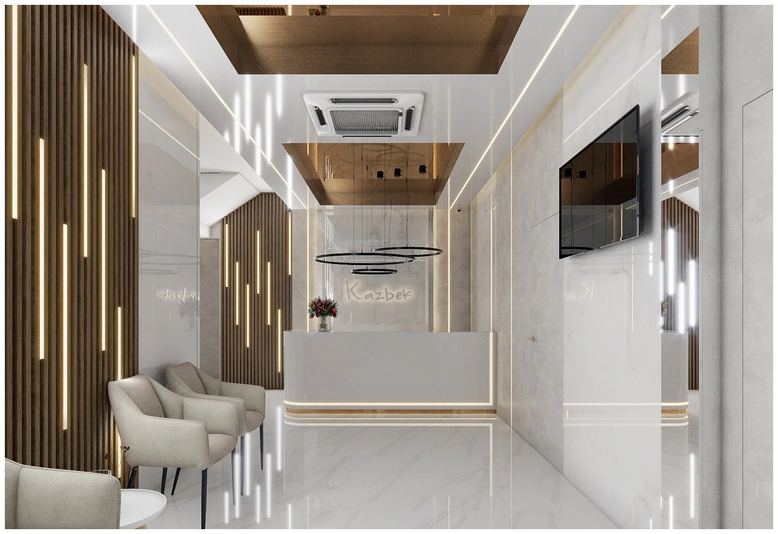 Модерен интериор на рецепция с мраморни повърхности, дървени панели с LED осветление, минималистичен бял плот и дизайнерски осветителни тела, лоби